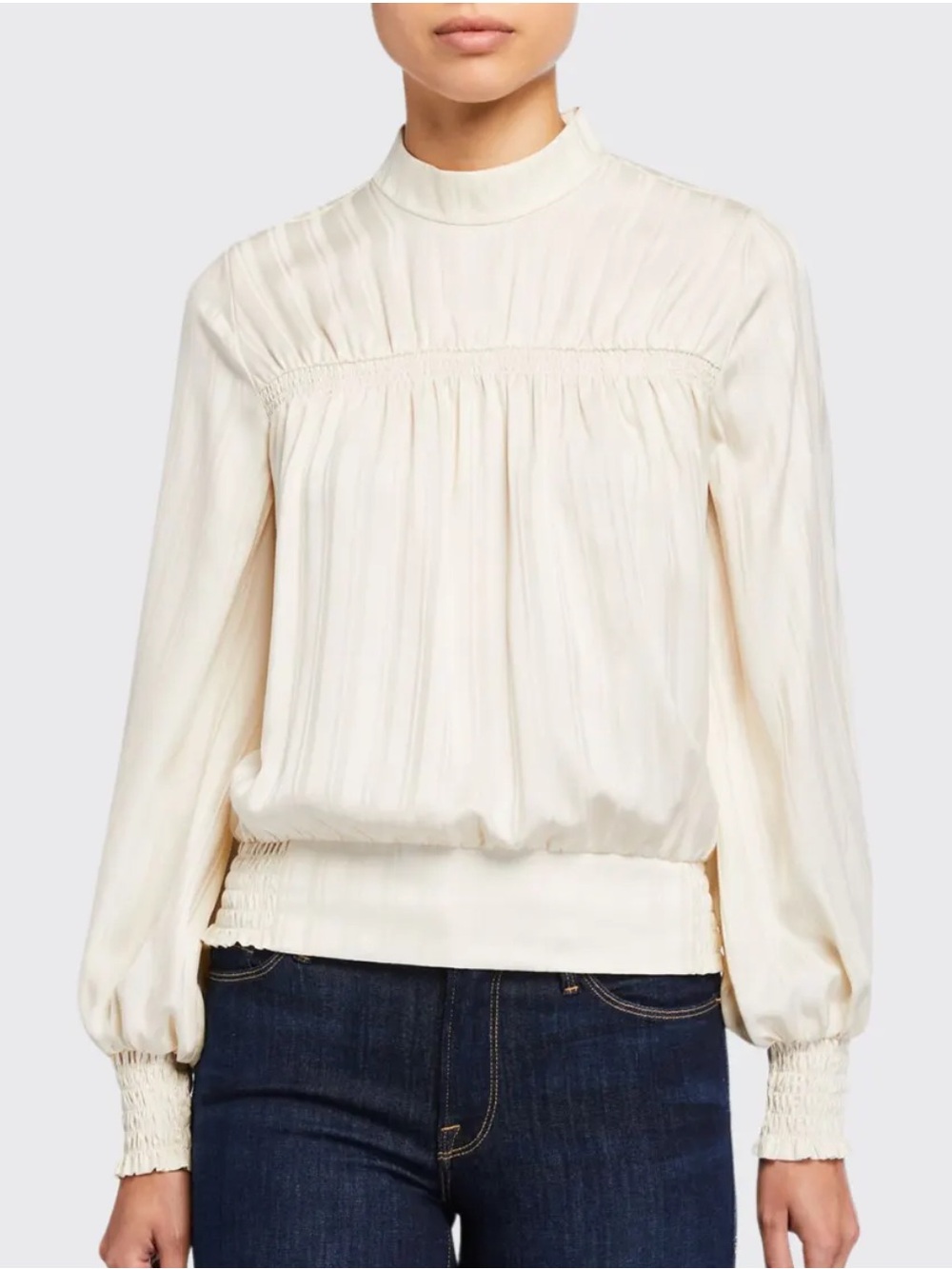 Frame silk Smocked Long-Sleeve Jacquard Top cream Cottagecore Victorian Large